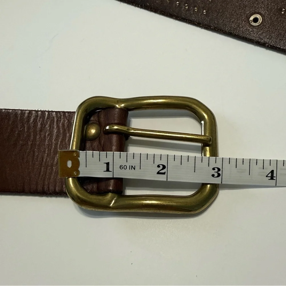 Linea Pelle Vintage Brown Leather Studded Western Belt Brass Double Prong Sz L